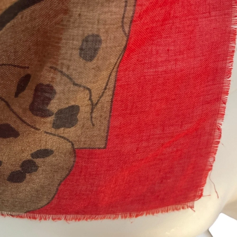Vintage Large Square Scarf Red Cheetah Print Maximalist Colorful Raw Hem